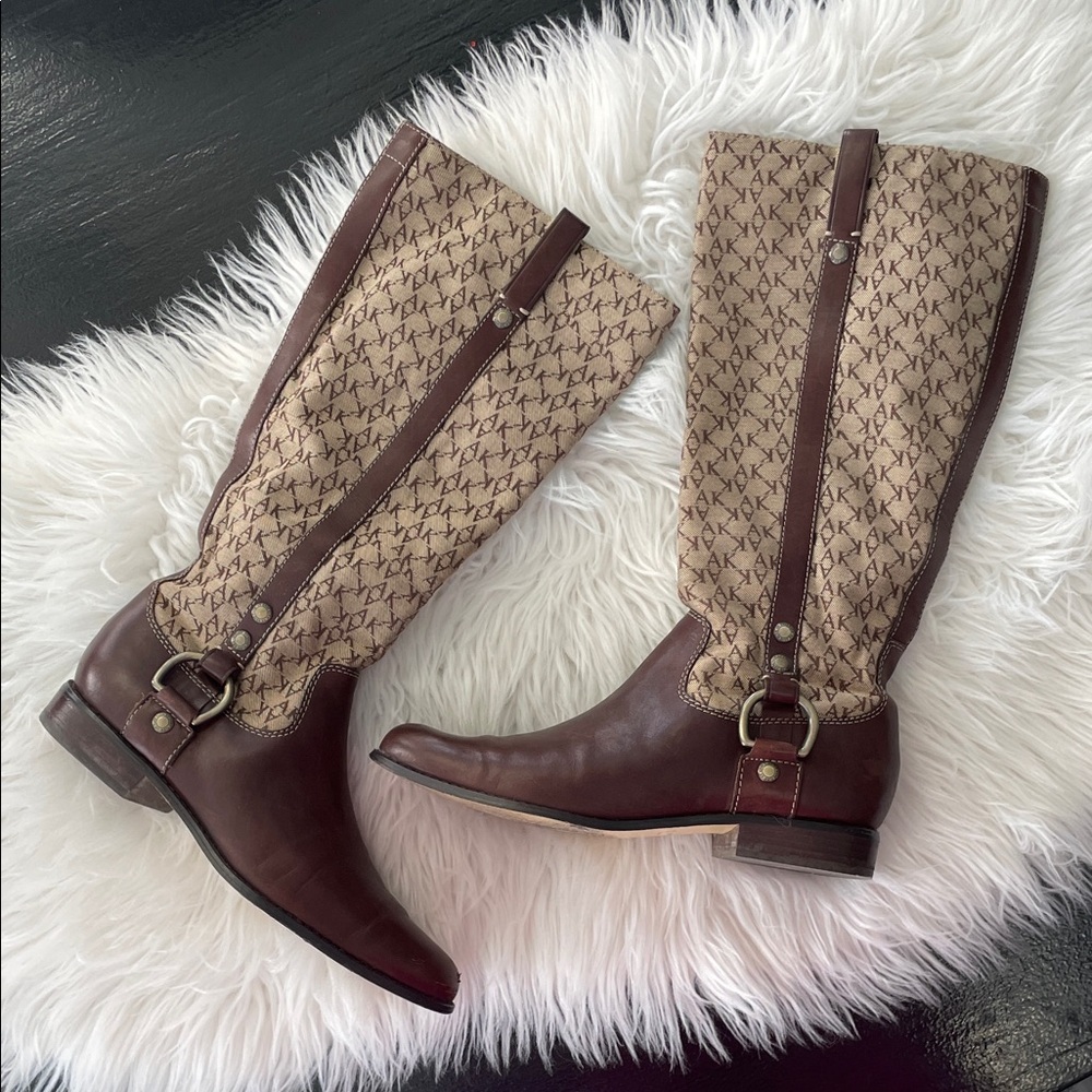 ANNE KLEIN Brown Leather Zip up Knee High logo Boots